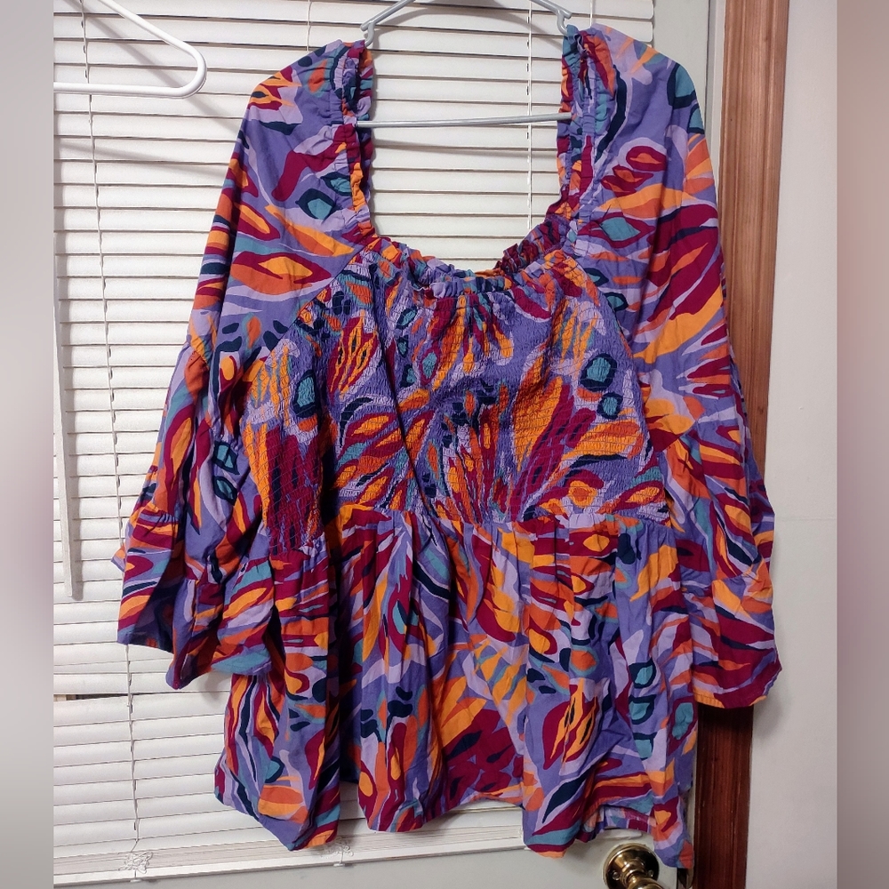 Terra and Sky Smocked Peasant Top Bell Sleeves NWT